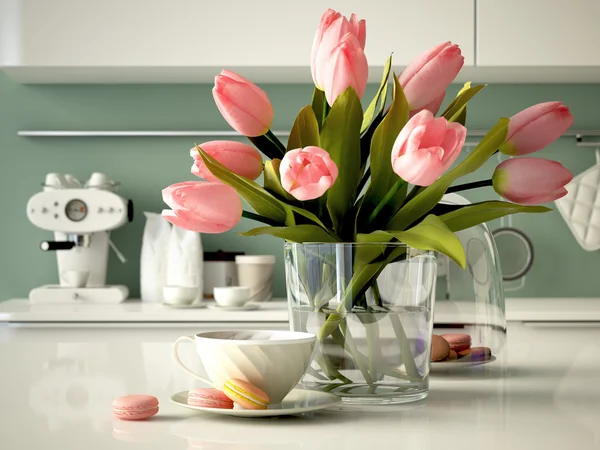 Świeże żółte tulipany na tle kuchnia. renderowania 3D — Zdjęcie stockowe