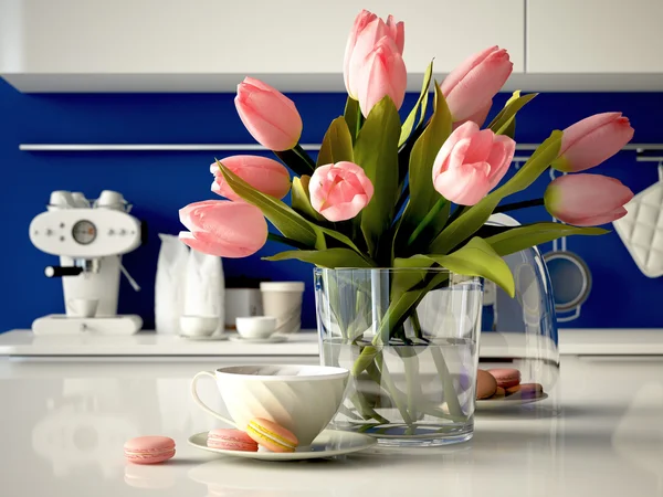 Świeże żółte tulipany na tle kuchnia. renderowania 3D — Zdjęcie stockowe