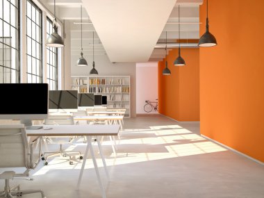 Bilgisayar ve dizüstü çalışma yeri. 3D render