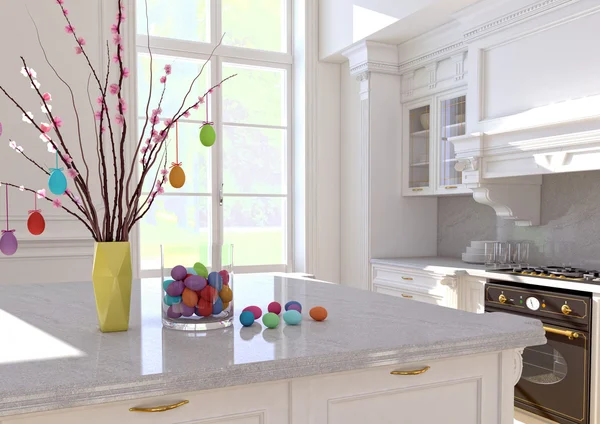 Påsk ägg dekorationer på träbord. 3D-rendering — Stockfoto