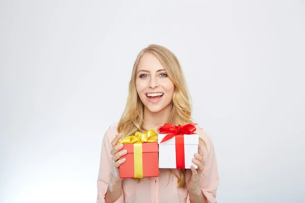 Young blond woman with present box. — Stock Photo, Image