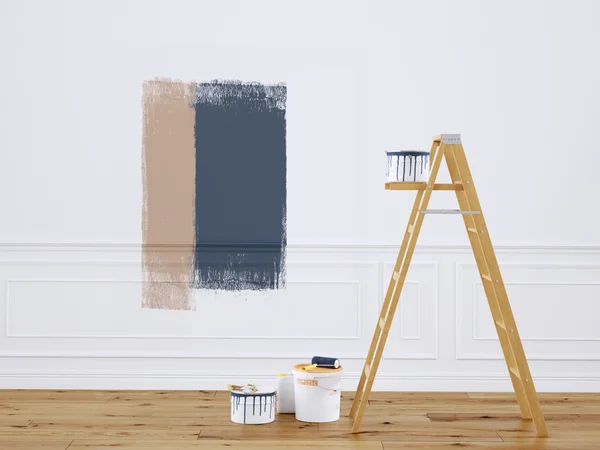 Schilderij muren in de kamer met ladder tijdens de renovatie. 3D-rendering — Stockfoto
