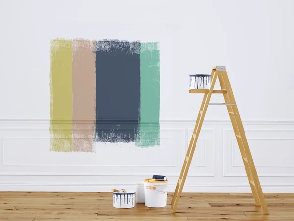 Peindre les murs dans la chambre avec échelle pendant la rénovation. Rendu 3d — Photo