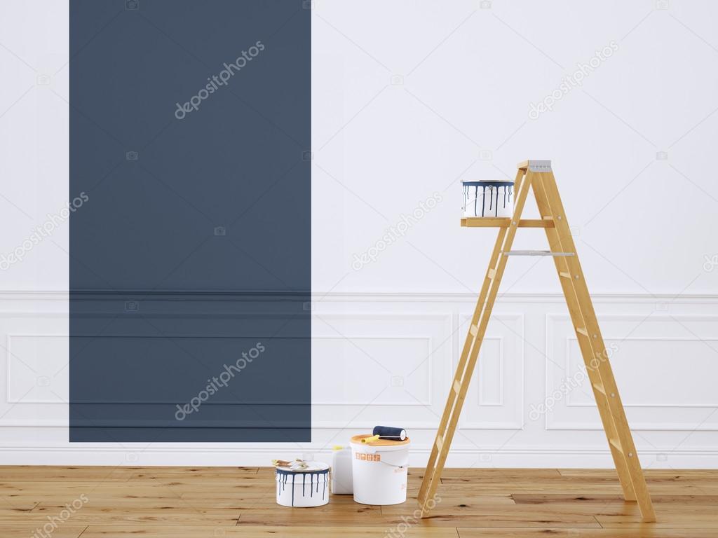 Painting walls in room with ladder during renovation. 3d rendering