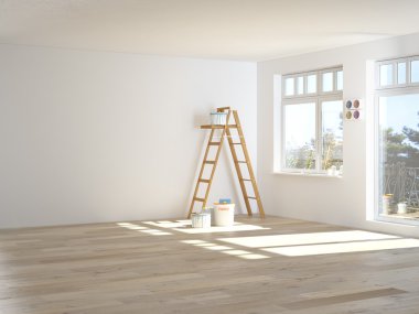 Merdiven yenileme sırasında odada resim duvarlar. 3D render