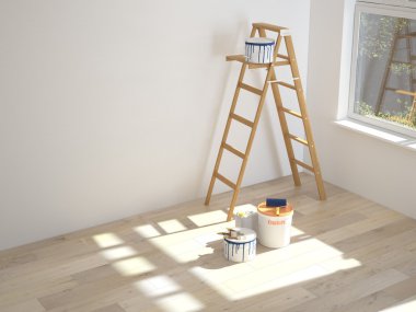 Merdiven yenileme sırasında odada resim duvarlar. 3D render