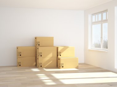 Hareketli iç boş beyaz odada kutuları. 3D render