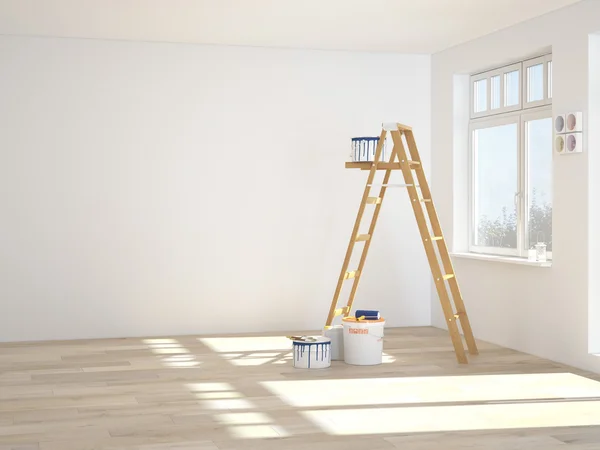 Streichen der Wände im Zimmer mit Leiter während der Renovierung. 3D-Darstellung — Stockfoto