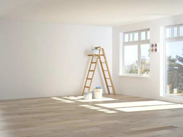 Schilderij muren in de kamer met ladder tijdens de renovatie. 3D-rendering — Stockfoto