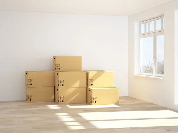 Interior with moving boxes in empty white room. 3d rendering — Stock Photo, Image