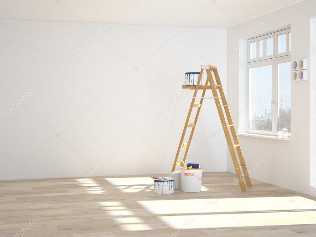 Painting walls in room with ladder during renovation. 3d rendering