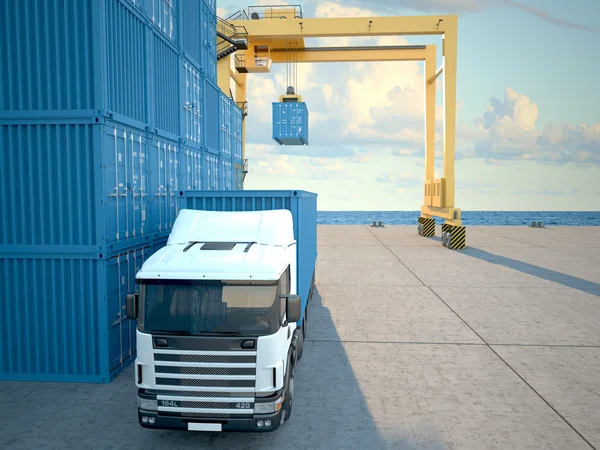 Vůz s kontejnery. 3D vykreslování — Stock fotografie