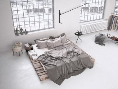 Endüstriyel yatak odası. 3D render