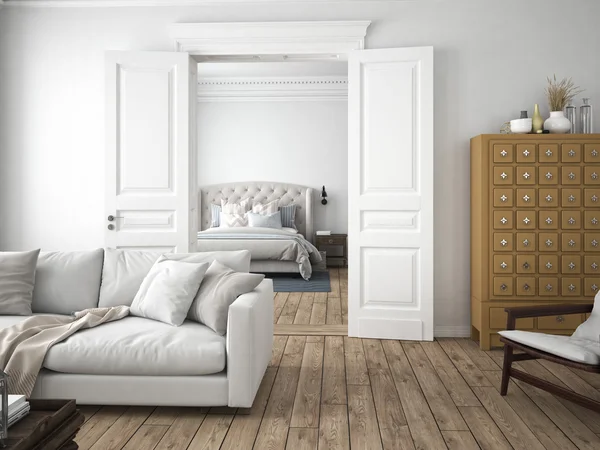 Moderne woonkamer met deur ingang en hal afstand — stockfoto ... Wood modern woonkamer