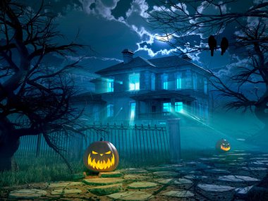 Halloween geceler arka plan korkunç bir ev. 3D render