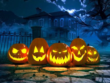 Halloween geceler arka plan korkunç bir ev. 3D render