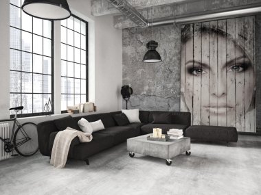 oturma odası, bir çatı katı. 3D render
