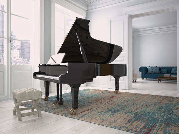 Black piano in a living room. 3d rendering