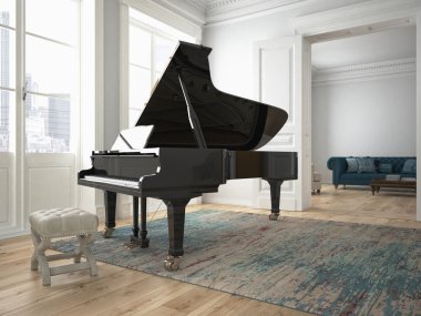 Siyah piyano bir oturma odasında. 3D render