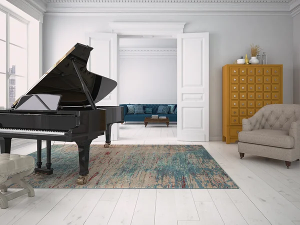 Černá piano v obývacím pokoji. 3D vykreslování — Stock fotografie