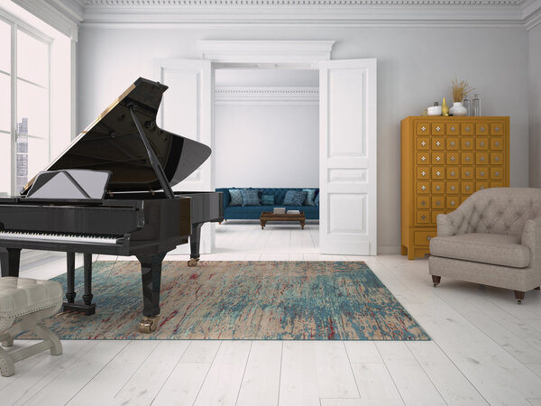 Black piano in a living room. 3d rendering