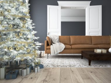 Noel oturma odası. 3D render