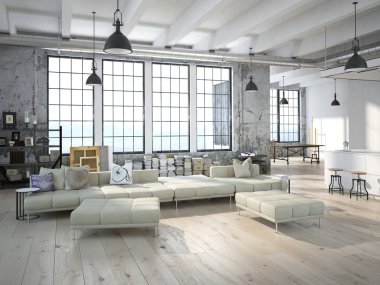 Modern loft ile mutfak .3d işleme
