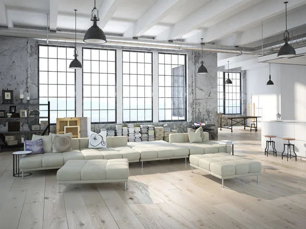 Loft moderno con una cocina .3d renderizado — Foto de Stock