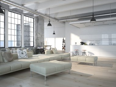 Modern loft ile mutfak .3d işleme