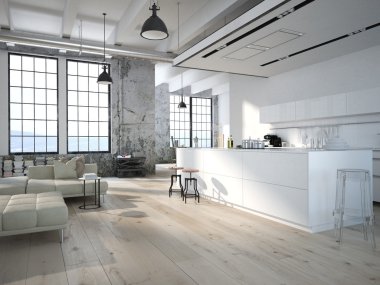 Modern loft ile mutfak .3d işleme