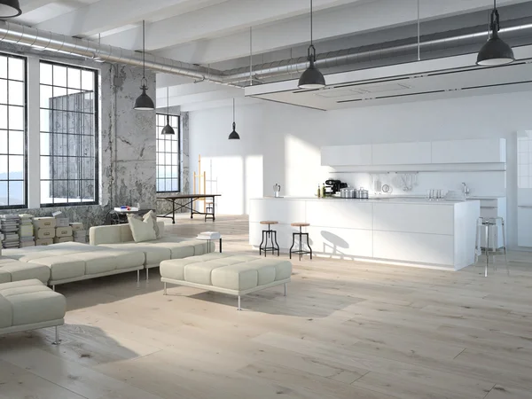 Loft moderno con una cocina .3d renderizado —  Fotos de Stock