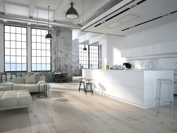 Loft moderno con una cocina .3d renderizado — Foto de Stock