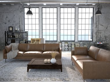 Modern oturma odası büyük pencereler ile. 3D render