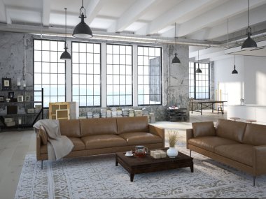 Modern loft ile mutfak .3d işleme