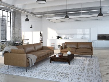 Modern loft ile mutfak .3d işleme