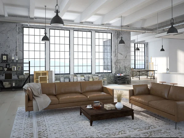 Modern loft ile mutfak .3d işleme — Stok fotoğraf