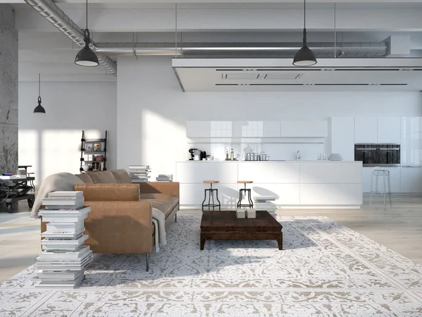 Loft moderno com uma cozinha .3d renderização — Fotografia de Stock