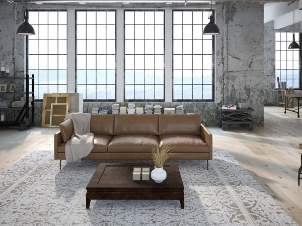 Modern oturma odası büyük pencereler ile. 3D render