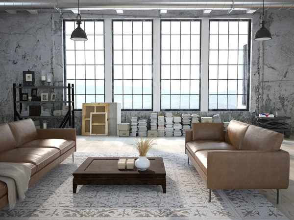 Moderní obývací pokoj s obrovskými okny. 3D vykreslování — Stock fotografie