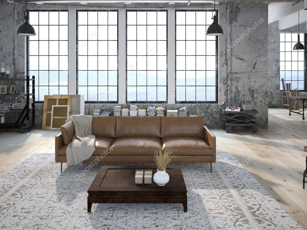 Modern living room with huge windows. 3d rendering