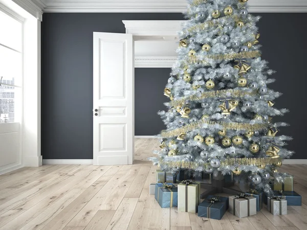 Árbol de Navidad decorado con un montón de regalos. renderizado 3d — Foto de Stock