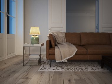 Modern oturma odası iç. 3D render