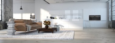 Modern loft ile mutfak .3d işleme