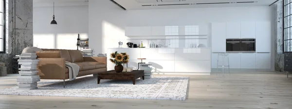 Loft moderno com uma cozinha .3d renderização — Fotografia de Stock