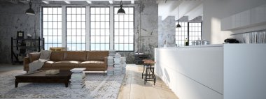 Modern loft ile mutfak .3d işleme