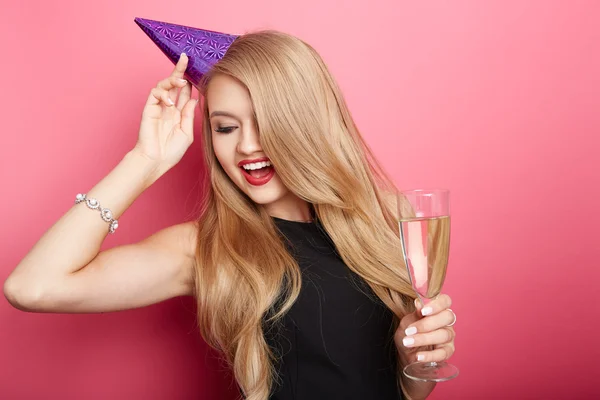 Young celebrating woman black dress. — Stock Photo, Image