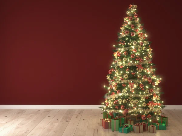 Weihnachtsbaum auf rotem Hintergrund. 3D-Darstellung — Stockfoto