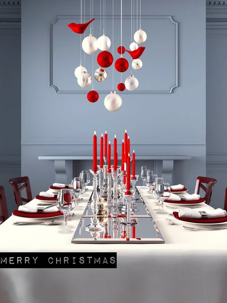 Όμορφα στρωμένο τραπέζι για την παραμονή των Χριστουγέννων. 3D rendering — Φωτογραφία Αρχείου