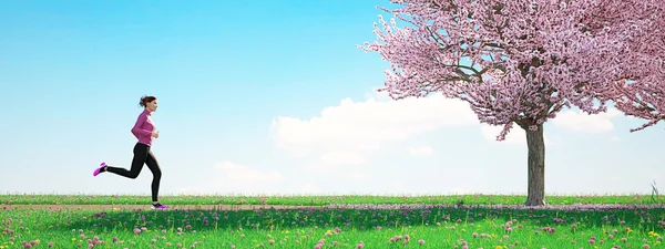 Kvinnan kör i park sommardag. 3D-rendering — Stockfoto