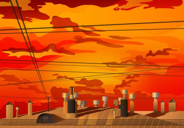 Rooftops üzerinde kırmızı günbatımı — Stok Vektör
